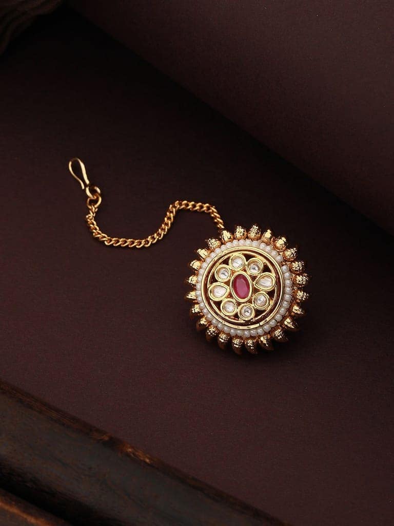 Gold Plated Red Kundan Floral Borla Mangtika view 2