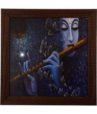 eCraftIndia Blue Satin Matte Texture Framed Krishna UV Wall Art
