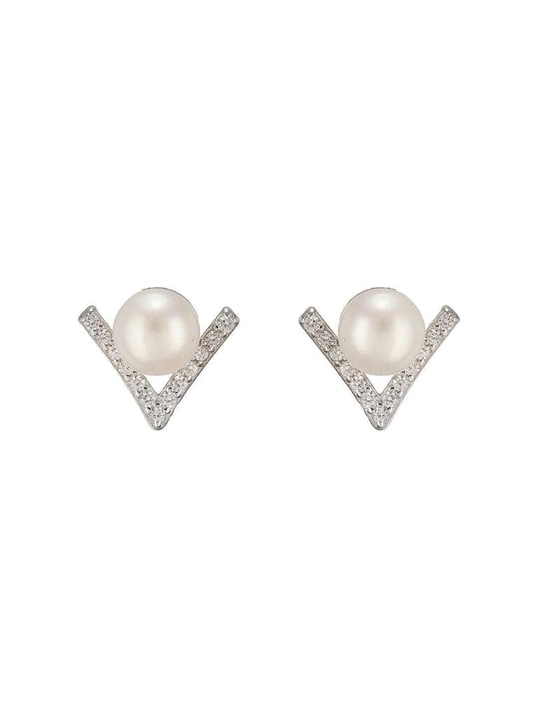 925 Sterling Silver Zircon & Faux Pearl V - Shaped Minimal Studds Earrings view 7