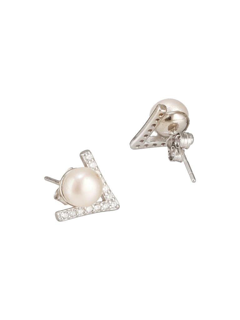 925 Sterling Silver Zircon & Faux Pearl V - Shaped Minimal Studds Earrings view 8