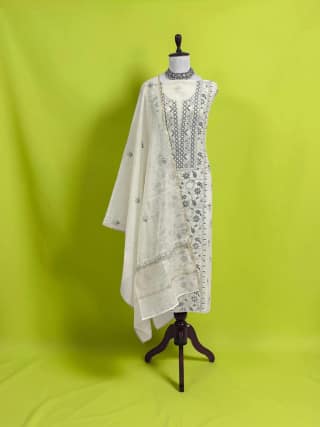 Lucknow Chikankari Hand-Embroidered Mul Cotton Dress Material