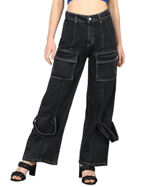 Glossia Fashion Women Cargo Jeans | High Rise Stretchable Baggy Wide LegDenim| Boyfriend Jeans for Women - Black, 38