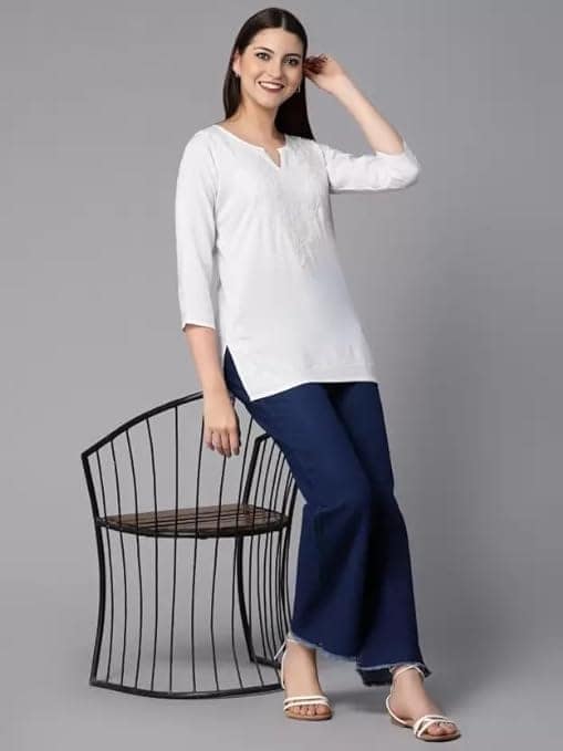 Women’s Chikankari Faux Georgette White Cotton Short Shirt Style Kurta view 3