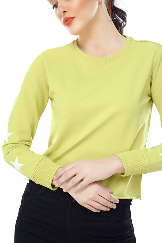 Zeyo Women Cotton Black Star Printed Full Sleeve Crop Top view 2