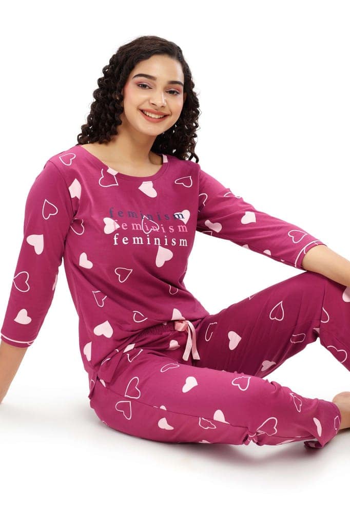 ZEYO Women's Cotton Red Heart Printed Night suit set