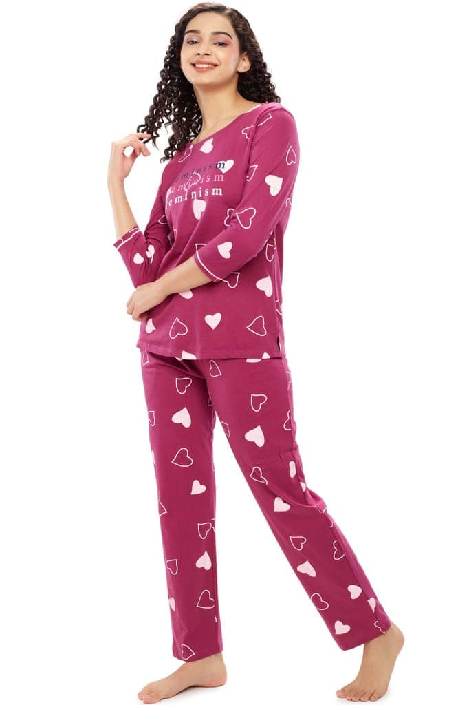 ZEYO Women's Cotton Red Heart Printed Night suit set view 3