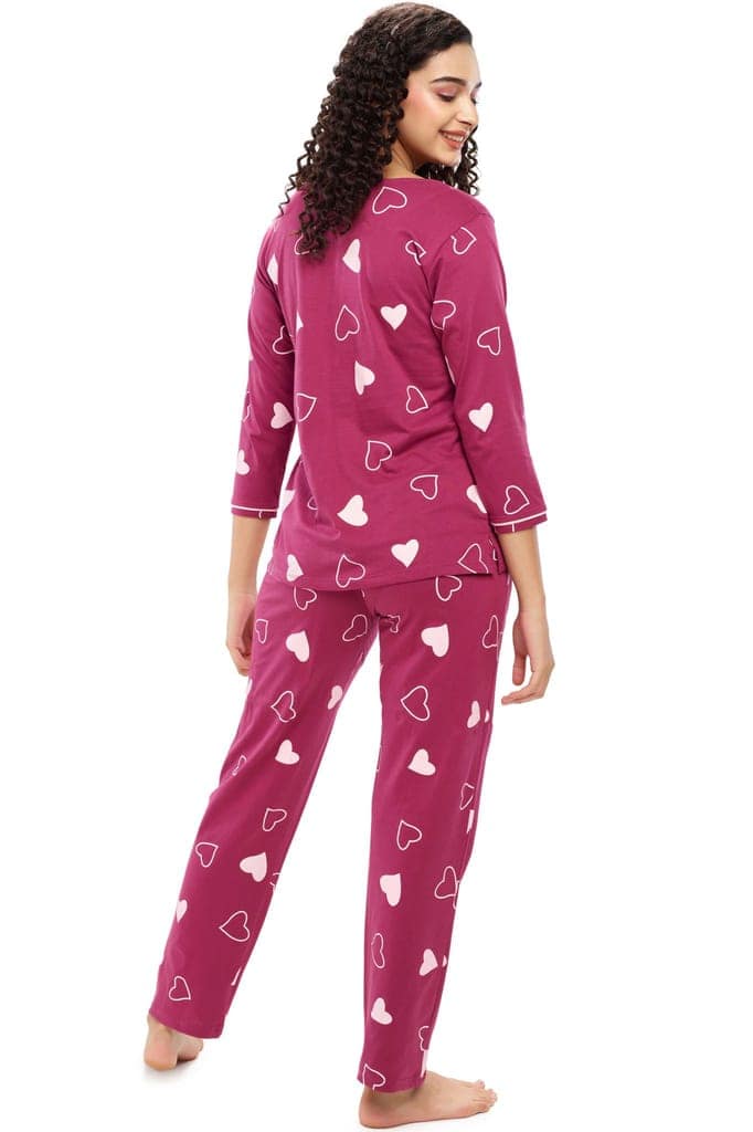 ZEYO Women's Cotton Red Heart Printed Night suit set view 4