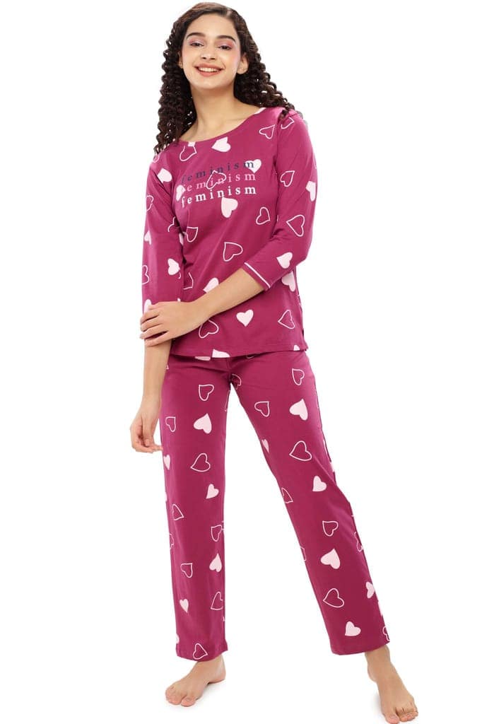 ZEYO Women's Cotton Red Heart Printed Night suit set view 5