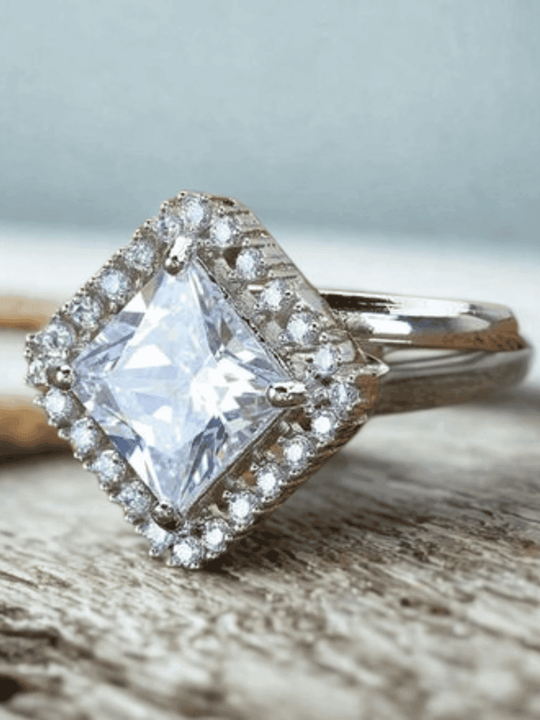 Princess-Cut Solitaire Ring with Double Halo Setting – Silver Finish