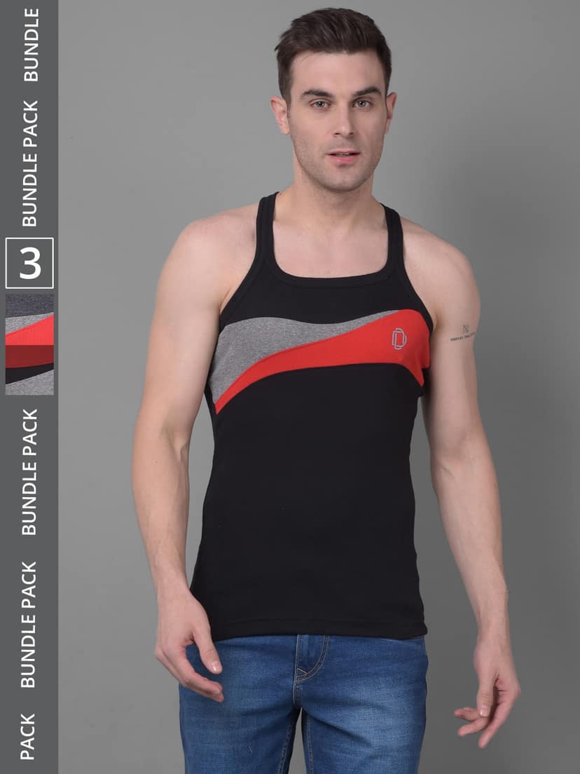 Men's Assorted Pack of 3 Solid Combed Cotton Racerback Styled Gym Vest
