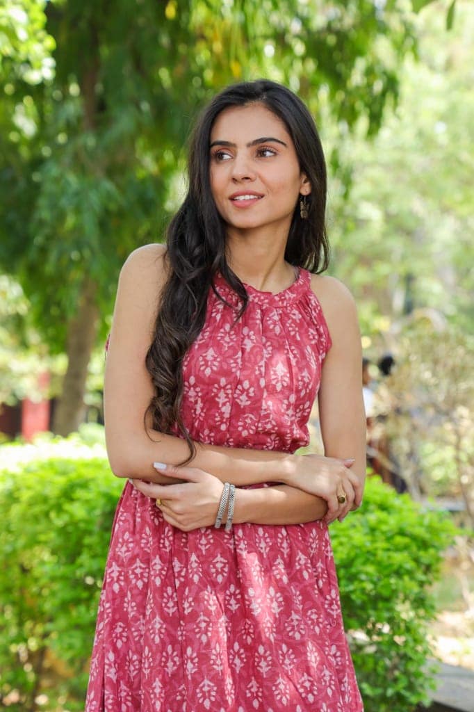 Pure Cotton Halter Neck Midi Pink Dress Hand Block Printed (Size: 38-46)-5854 view 3