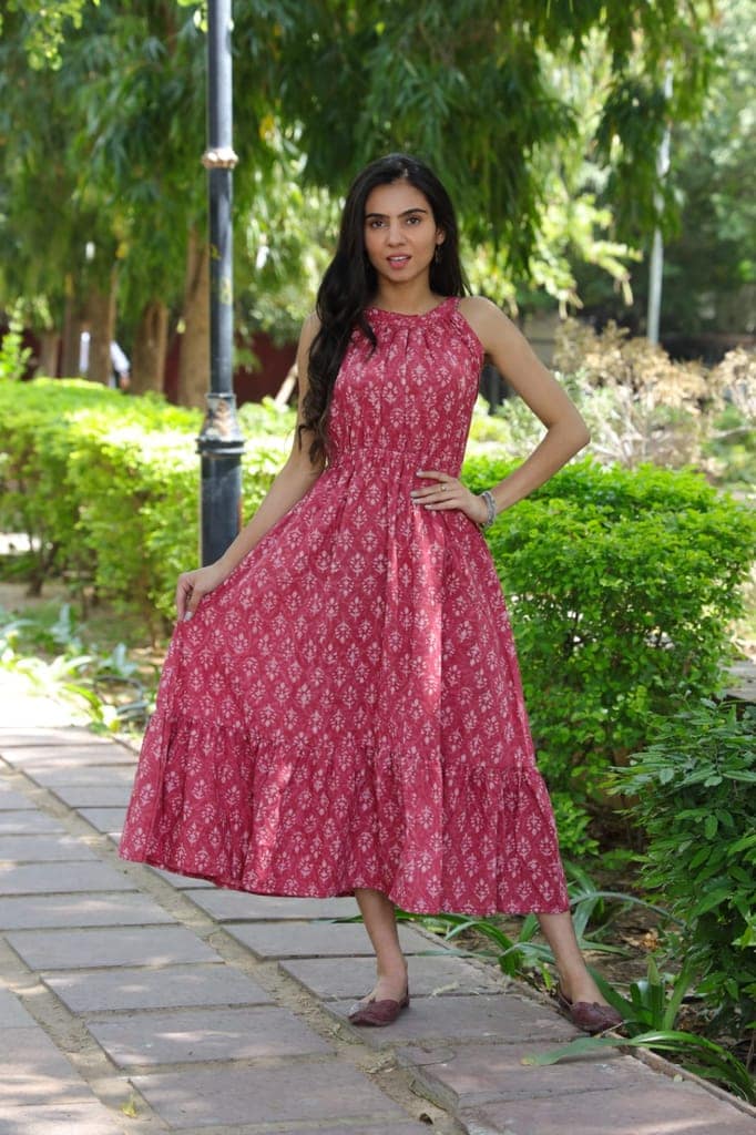 Pure Cotton Halter Neck Midi Pink Dress Hand Block Printed (Size: 38-46)-5854 view 4