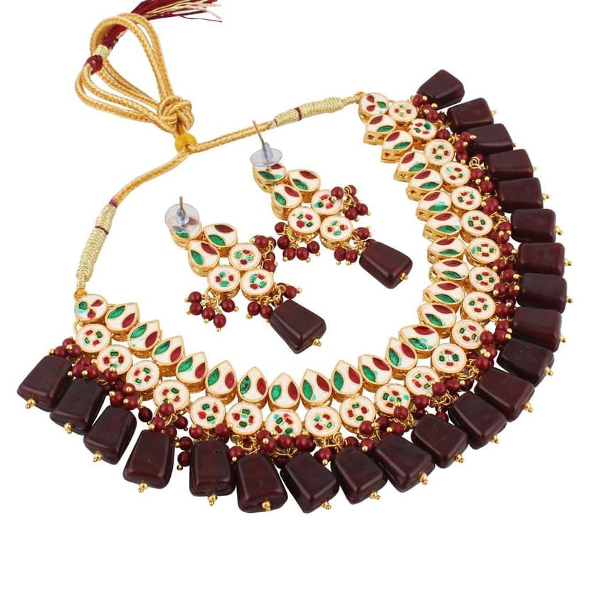 LUCKY JEWELLERY Back Meenakari 18k Gold Plated Maroon Color Earring Combo Uncut Big Faux Kundan Choker Necklace set (974-J5SK-1782-M) view 2