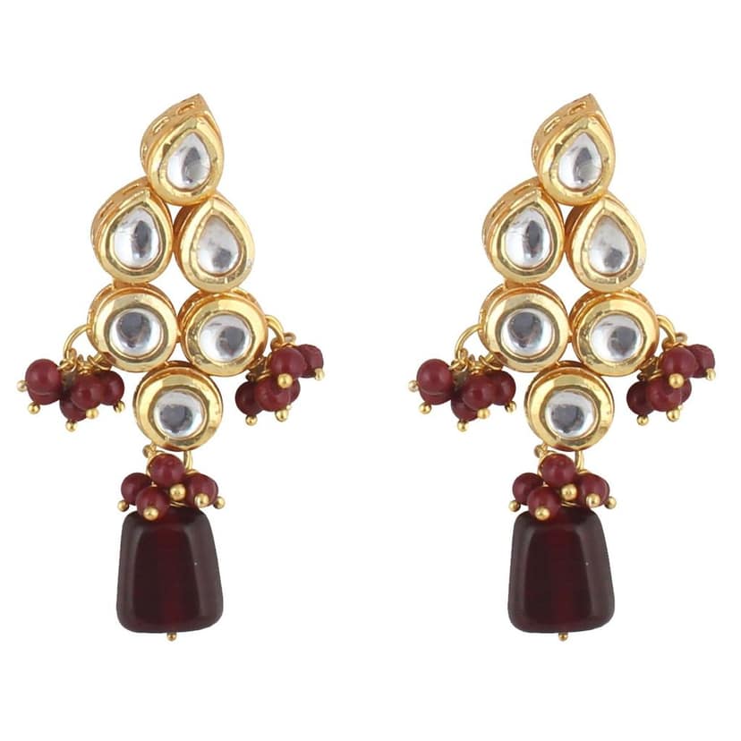 LUCKY JEWELLERY Back Meenakari 18k Gold Plated Maroon Color Earring Combo Uncut Big Faux Kundan Choker Necklace set (974-J5SK-1782-M) view 3