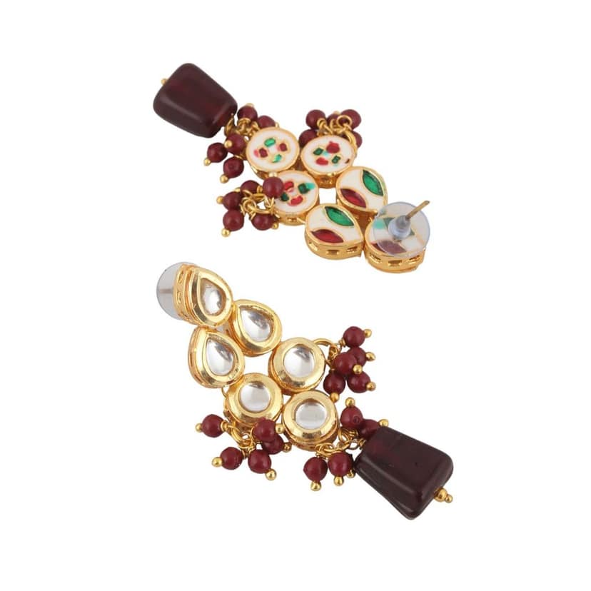 LUCKY JEWELLERY Back Meenakari 18k Gold Plated Maroon Color Earring Combo Uncut Big Faux Kundan Choker Necklace set (974-J5SK-1782-M) view 4