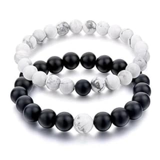 Aarohi13 Bracelets Multi Layer Tiple Protection Stone Beads Couple-Combo Matching Best Friend Relationship Couple Bracelet White and black 2 Pcs