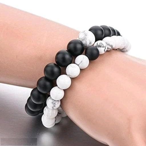 Aarohi13 Bracelets Multi Layer Tiple Protection Stone Beads Couple-Combo Matching Best Friend Relationship Couple Bracelet White and black 2 Pcs view 2