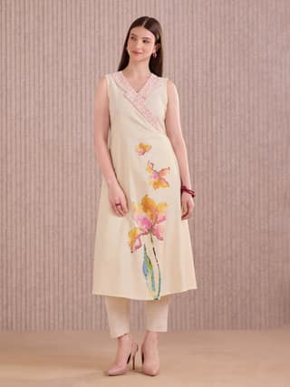 Ivory Cotton Slub Ankrakha Kurti With Print And Embroidery