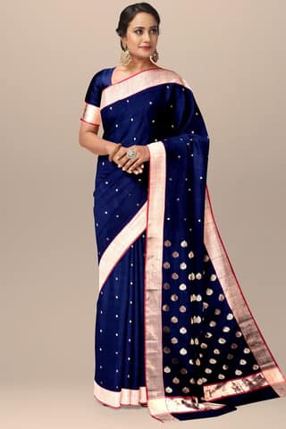 Navy Blue Floral Buta Handwoven Chanderi Saree With Golden Zari Border SKU - BS10140