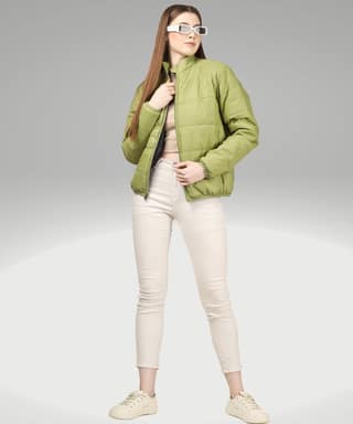 BlueFicus Polyester Solid Bomber Jacket Full Sleeves Jacket for Women's and Girls (Green)