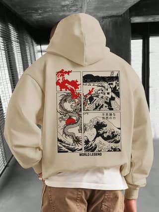SCOTT FINCHER Men's beige cotton blend pullover hoodie featuring a desert landscape design with cacti and mountains : AA(RSHOD)CREAM_247