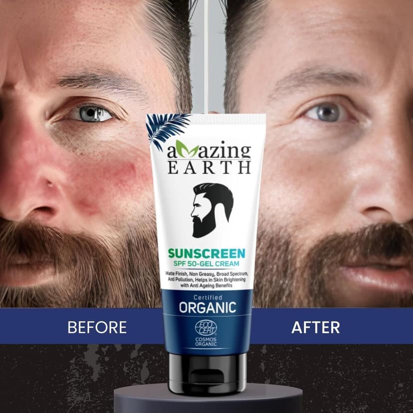 AMAzing EARTH Sunscreen for Men - SPF 50 Gel Cream Certified Organic with Zinc Oxide, Aloe Vera & Macroloba Seed Oil, for Sunburn & Suntan, Matt Finish, Anti-Aging, Silicon & Paraben Free, 100gm view 4