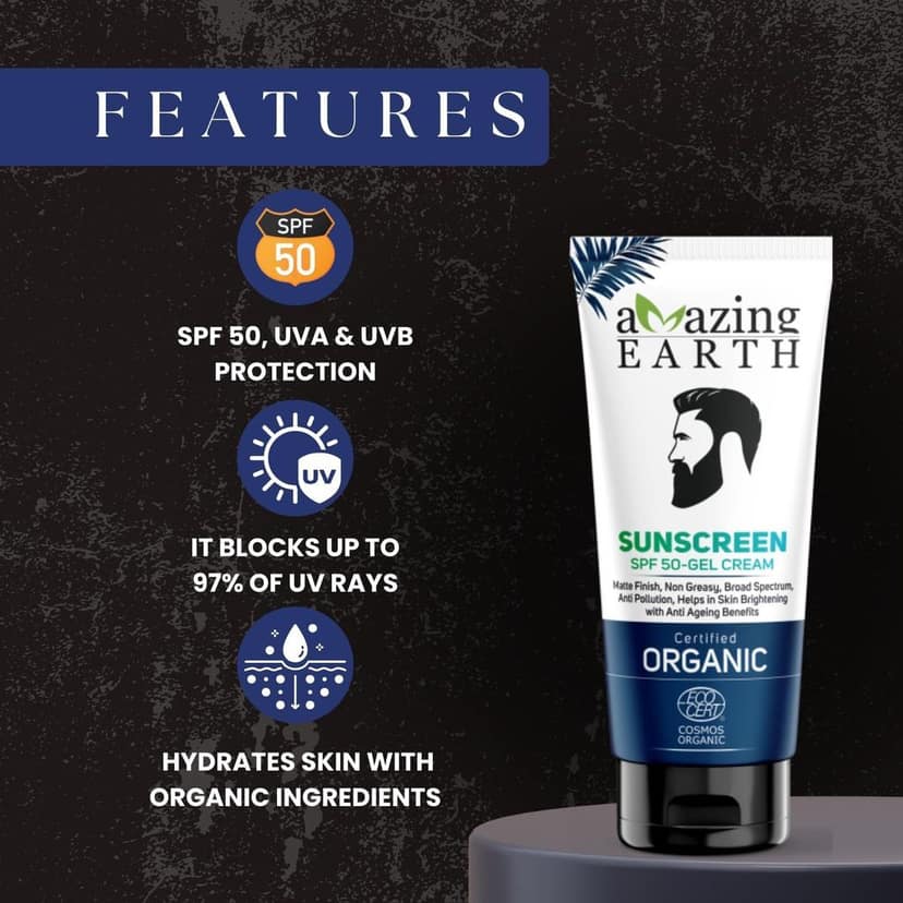 AMAzing EARTH Sunscreen for Men - SPF 50 Gel Cream Certified Organic with Zinc Oxide, Aloe Vera & Macroloba Seed Oil, for Sunburn & Suntan, Matt Finish, Anti-Aging, Silicon & Paraben Free, 100gm view 6