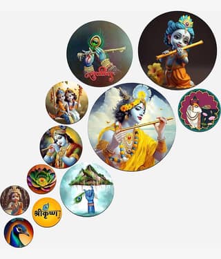 SNDArt Set Of 11 Modern Art Lord Krishna Round Self Adhesive Wall Decor Gift Items For Living Room Digital Reprint 21 inch x 26 inch
