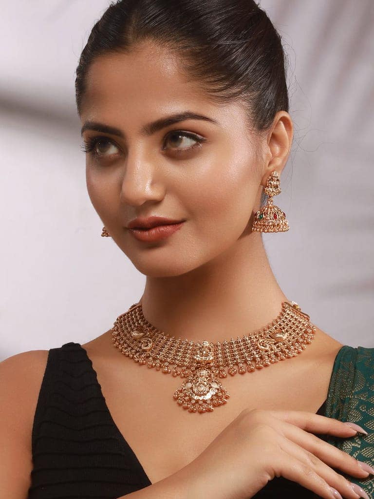 Gold Plated Lakshmi Motif Temple Bridal Necklace Jewellery Set view 2