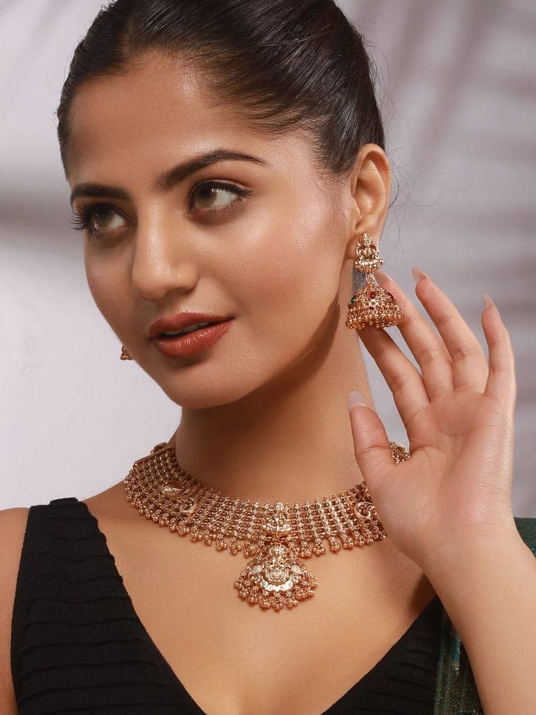 Gold Plated Lakshmi Motif Temple Bridal Necklace Jewellery Set view 3