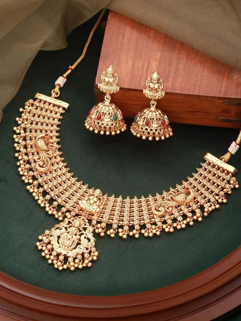 Gold Plated Lakshmi Motif Temple Bridal Necklace Jewellery Set view 4
