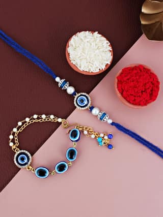 Lucky Jewellery Designer Blue Color Evil Eye Rakhi - Rakshabandhan Rakhee with Lumba Bracelet for Brother/Bhaiya/Bhai/Bhabhi - Pack of 2 (132-JPCR1-1987-2)