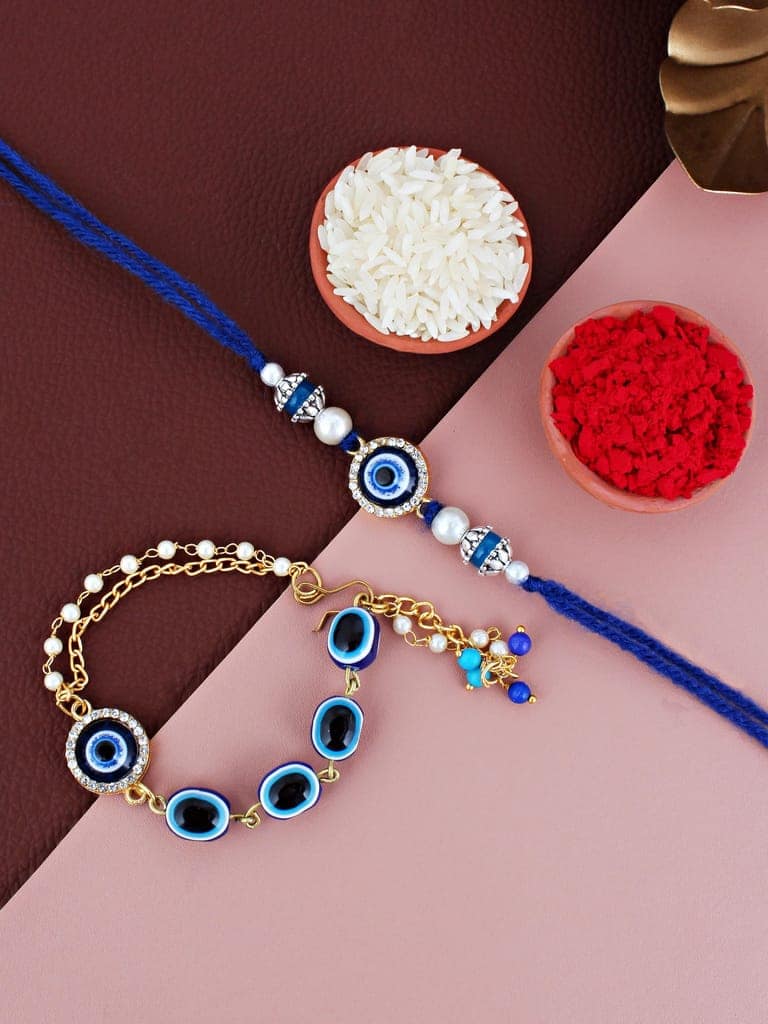 Lucky Jewellery Designer Blue Color Evil Eye Rakhi - Rakshabandhan Rakhee with Lumba Bracelet for Brother/Bhaiya/Bhai/Bhabhi - Pack of 2 (132-JPCR1-1987-2)
