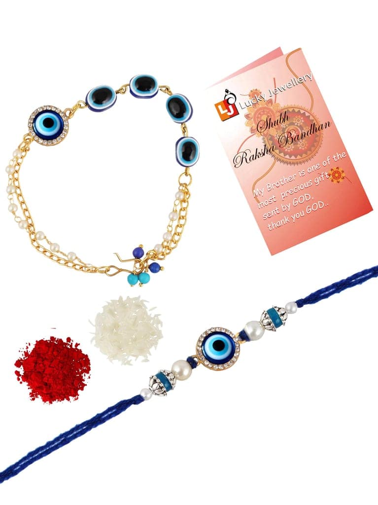 Lucky Jewellery Designer Blue Color Evil Eye Rakhi - Rakshabandhan Rakhee with Lumba Bracelet for Brother/Bhaiya/Bhai/Bhabhi - Pack of 2 (132-JPCR1-1987-2) view 3