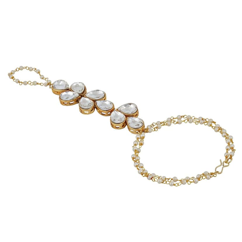 Lucky Jewellery Elegant White Color Gold Plated Finger Ring Bracelet Hand Harness Hathphool For Girls & Women (159-L1HS-12-W) view 2