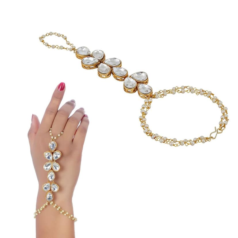 Lucky Jewellery Elegant White Color Gold Plated Finger Ring Bracelet Hand Harness Hathphool For Girls & Women (159-L1HS-12-W) view 3