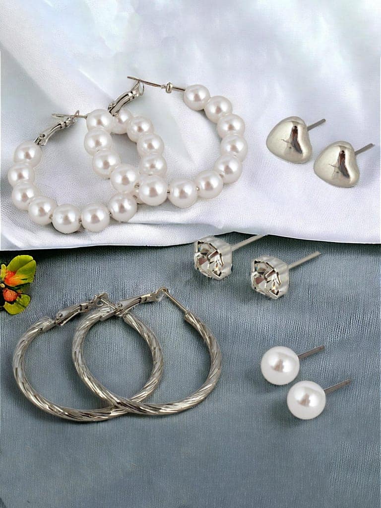 LUCKY JEWELLERY Fashion 5 Pairs Combo Set Of Latest Earrings Celebrity Inspired Stylish Trendy Silver Plated Heart Shaped Tops Earing Pearl Stud and Hoops Earring for Women & Girls (210-CHEX-1189-S-5) view 2