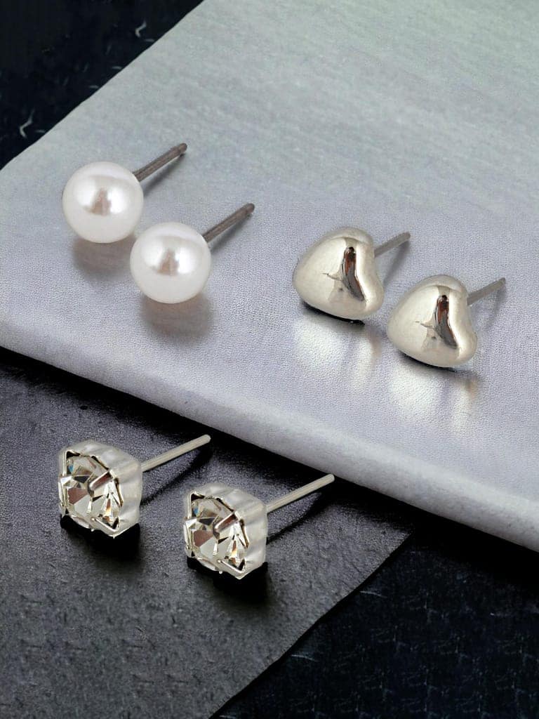 LUCKY JEWELLERY Fashion 5 Pairs Combo Set Of Latest Earrings Celebrity Inspired Stylish Trendy Silver Plated Heart Shaped Tops Earing Pearl Stud and Hoops Earring for Women & Girls (210-CHEX-1189-S-5) view 3