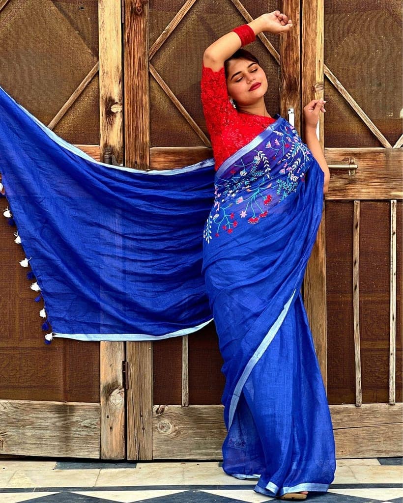 Pure Linen Handloom Saree Blue Color Hand Embroidered with Running Blouse-9412 view 2