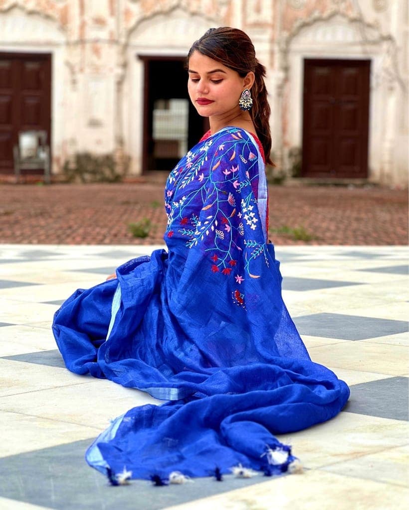 Pure Linen Handloom Saree Blue Color Hand Embroidered with Running Blouse-9412 view 4