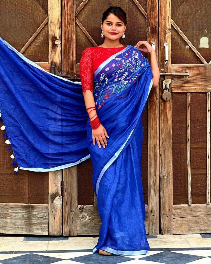 Pure Linen Handloom Saree Blue Color Hand Embroidered with Running Blouse-9412 view 5