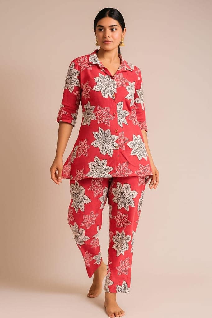 PickCell Printed Delta Fabric Coord Set for Women | Pink view 3