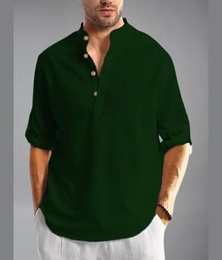 BHUVIKOO Cotton Blend Plain Shirt Style Kurta For Men ( Green )