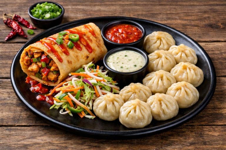 Double Chili Chicken Roll+Paneer Momos (10 Pcs)