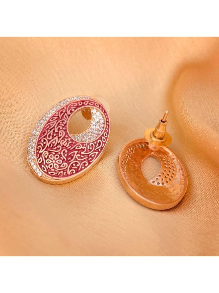 Oval Red Meenakari Small Earrings High Quality Enamelled Rose Gold Plated view 2