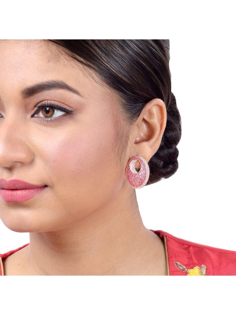 Oval Red Meenakari Small Earrings High Quality Enamelled Rose Gold Plated view 3