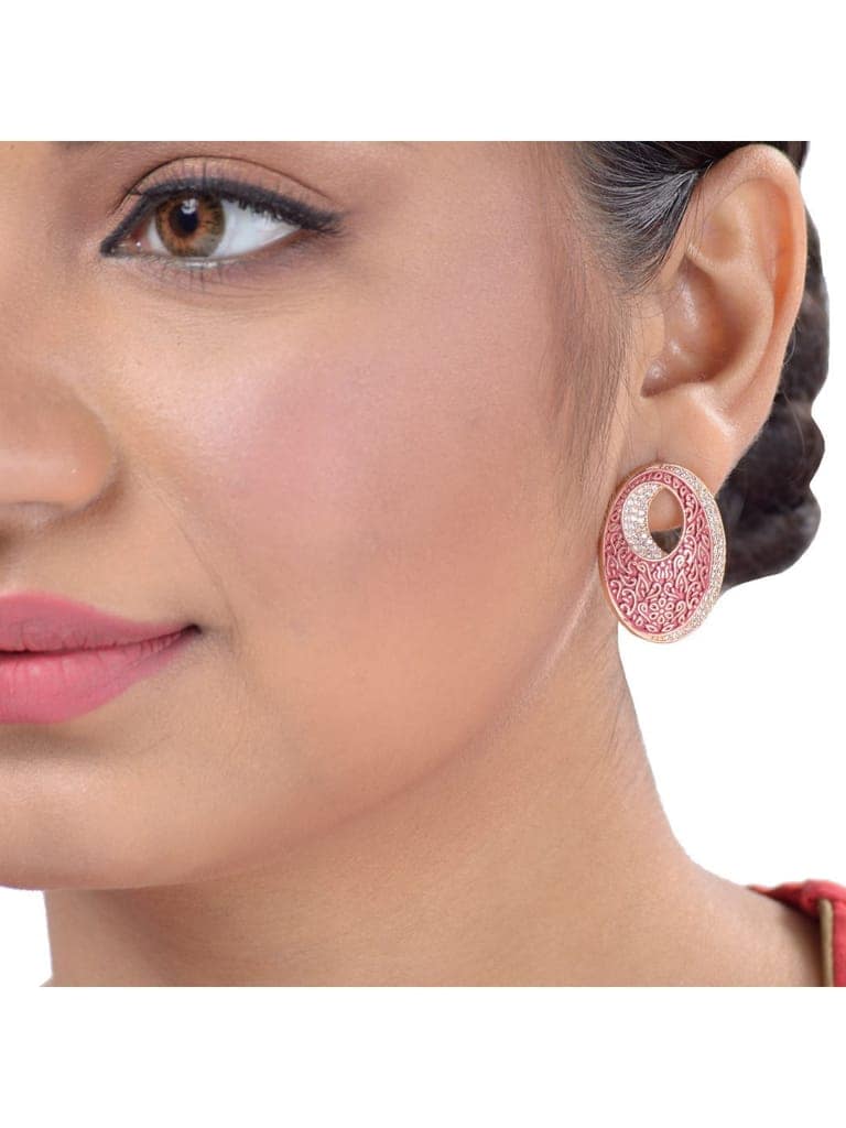 Oval Red Meenakari Small Earrings High Quality Enamelled Rose Gold Plated view 5