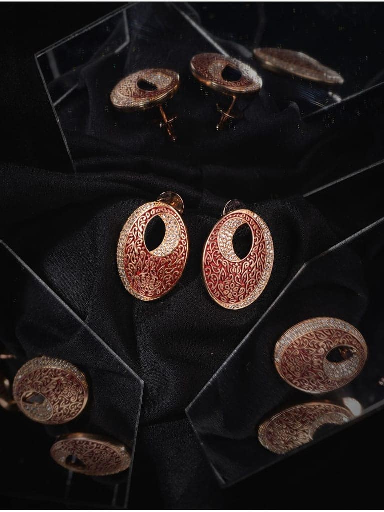 Oval Red Meenakari Small Earrings High Quality Enamelled Rose Gold Plated view 8