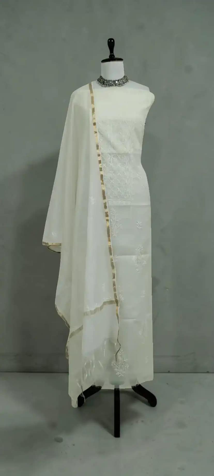 White Chikankari Mul Cotton Dress Material with Hand-Embroidered Dupatta