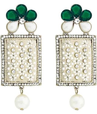 The Jewelbox Designer American Diamond Green Pearl Rhodium Long Earring for Women